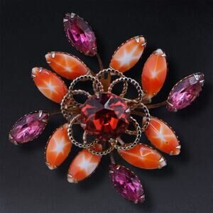 Vintage Atomic Starburst Brooch Orange Pink Rhinestone‎ 2 in MCM Retro Statement